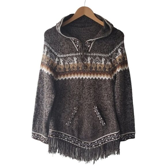 Peruvian Handmade Alpaca Hooded Sweater Ethnic Motifs Fringed Hem - Picture 1 of 9